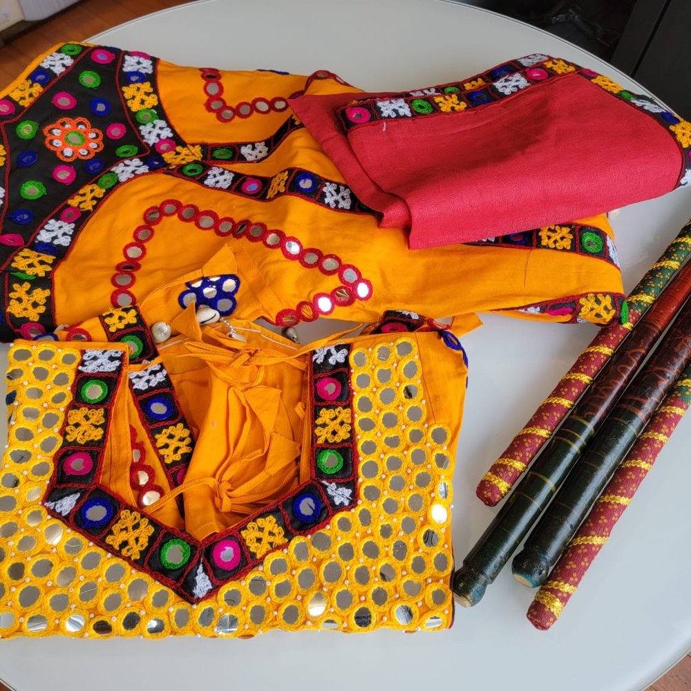 Indian dandiya choli - handmade embroidery + dandiya sticks